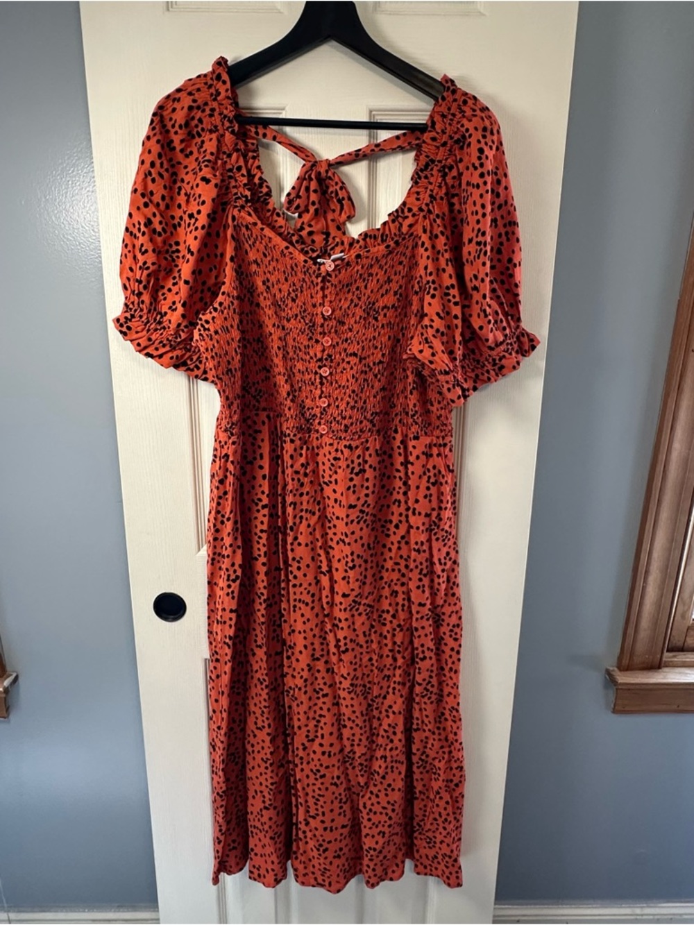 beachlunchlounge Rust Red Spotted Puff-Sleeve Midi Dress